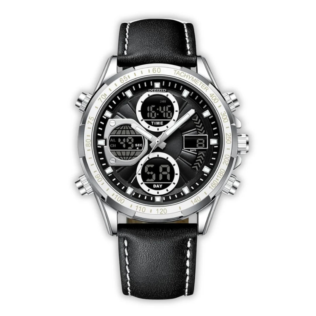 Military Sports Watch - Black Silver Leather