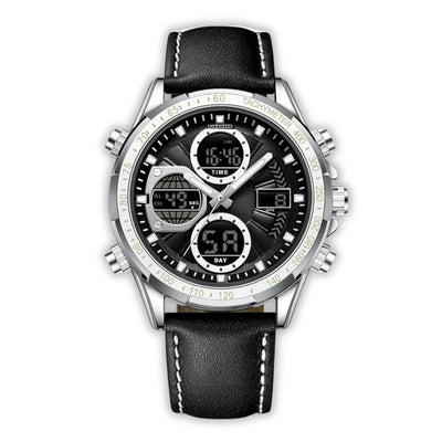 Military Sports Watch - Black Silver Leather